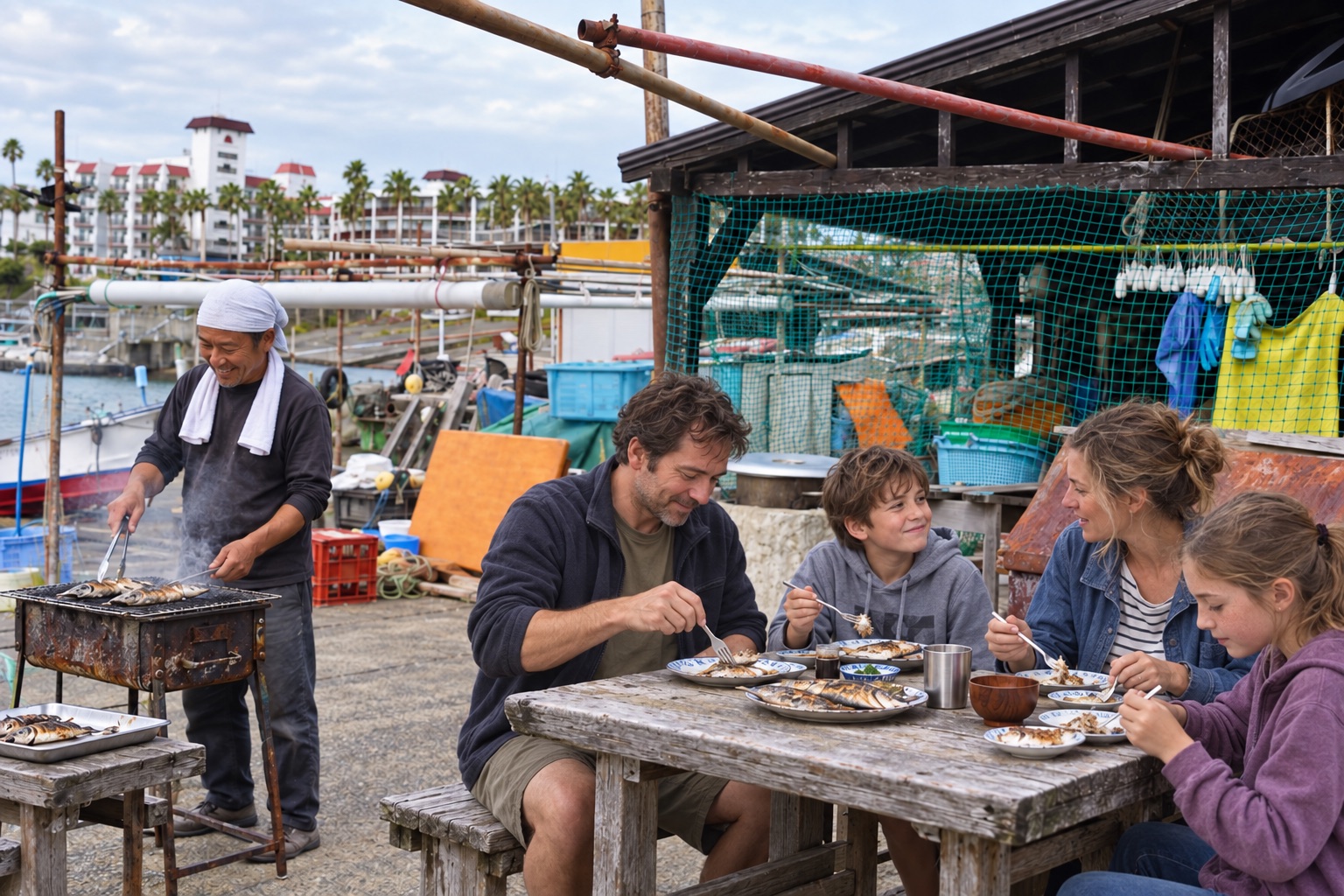 AI composite concept of a family enjoying seafood by the harbor