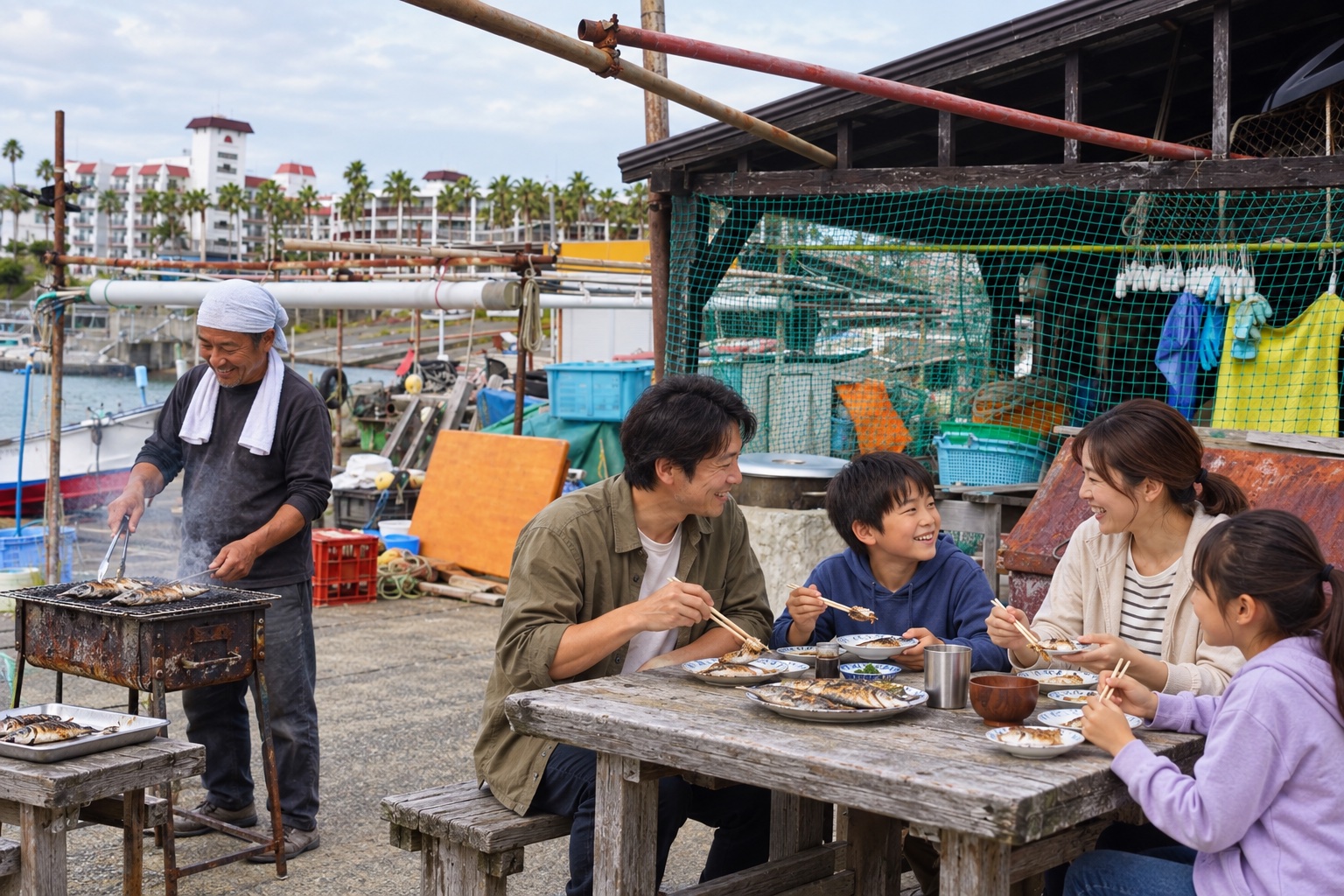 家族で浜焼きを楽しむAI合成イメージ